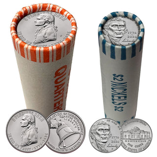 2026-P First-Ever Historic Thomas Jefferson Declaration of Independence Quarter & Jefferson Nickel 2 Roll Set • BU • America 250th • 1776–2026