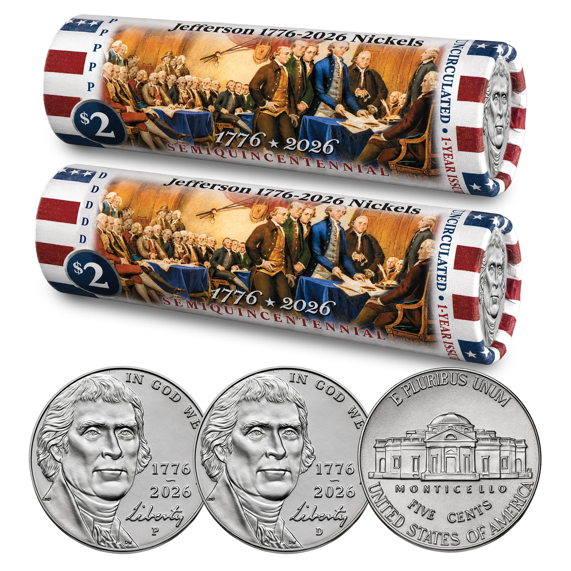 2026 P & D Jefferson Liberty Nickel Rolls • America 250 • BU – eCoins