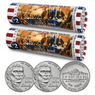 2026 P & D Set • Jefferson Liberty Nickel DECLARATION OF INDEPENDENCE Rolls • America 250
