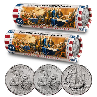 2026 P & D Set • Mayflower Compact Quarter DECLARATION OF INDEPENDENCE DOI Rolls • America 250