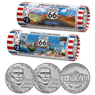 2026 P & D Set Jefferson Liberty USA 250 Nickel Rolls • Route 66 • 100th Anniversary Limited Edition