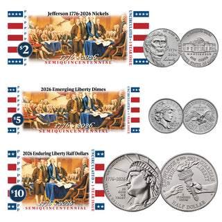 2026-P Official Liberty 3 Roll Set – Enduring Liberty Half Dollar, Emerging Liberty Dime & Jefferson Nickel DECLARATION OF INDEPENDENCE ROLLS