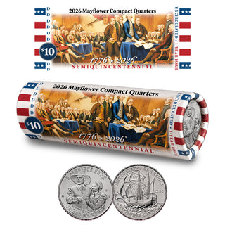2026 P & D Set • Mayflower Compact Quarter DECLARATION OF INDEPENDENCE DOI Rolls • America 250