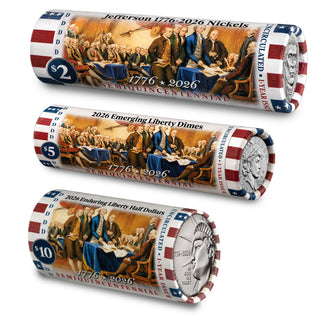 2026-D Official Liberty 3 Roll Set – Enduring Liberty Half Dollar, Emerging Liberty Dime & Jefferson Nickel DECLARATION OF INDEPENDENCE ROLLS