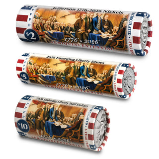 2026-P Official Liberty 3 Roll Set – Enduring Liberty Half Dollar, Emerging Liberty Dime & Jefferson Nickel DECLARATION OF INDEPENDENCE ROLLS