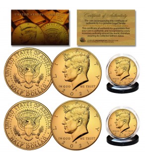 24K GOLD PLATED 2021 JFK Kennedy Half Dollar U.S. 2-Coin Set - Both P & D MINT - with Capsules and COA