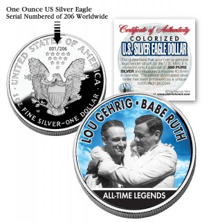 LOU GEHRIG & BABE RUTH 2006 American Silver Eagle Dollar 1 oz Colorized U.S. Coin Yankees - Officially Licensed